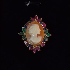 Multi-Gemstone Cameo Brooch-Pendant Necklace in Gold-Tone Setting